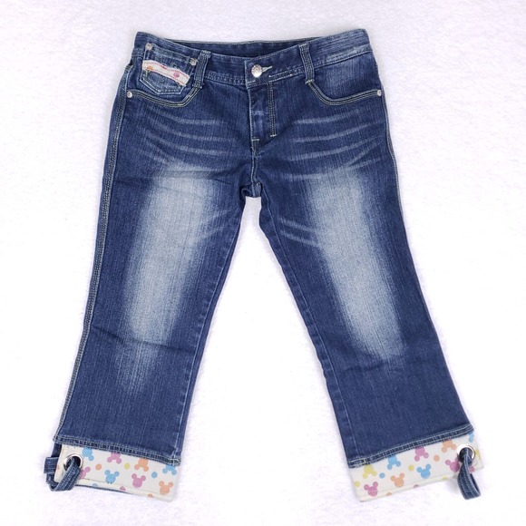 Disney Inspired Jeans Cropped Denim Pants Mouse Cuff Accents Blue Size 28 - Picture 1 of 12